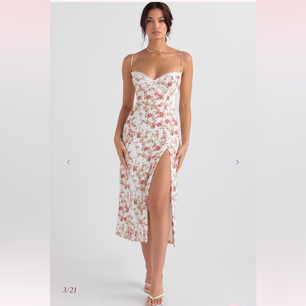 House of CB White Floral Midi Dress with Pink Roses - Picture 3 of 14